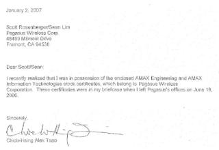 2007.01.02 - Former CEO Alex Tsao Accused of Hiding AMAX Stock Certificates owned by Pegasus Wireless.pdf